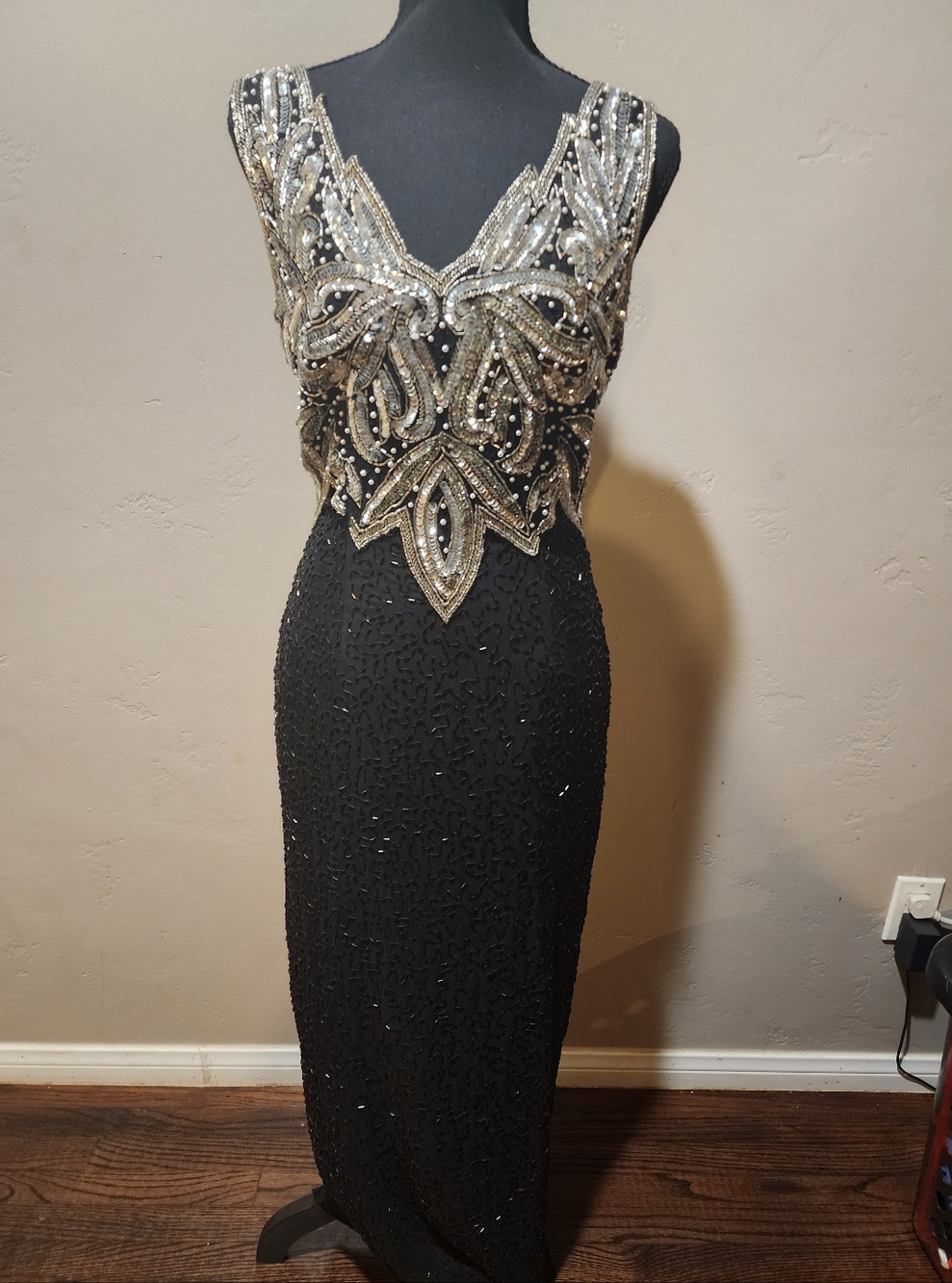 Laurence Kazar Black Maxi Dress with Silver Beaded Bodice